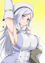 10s 1girl aila_jyrkiainen aoi_manabu arm_up armpits blue_eyes blush breasts elbow_gloves gloves gundam gundam_build_fighters hat large_breasts long_hair looking_at_viewer raised_eyebrow silver_hair solo sweat rating:Sensitive score:84 user:danbooru