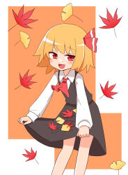  1girl ascot autumn_leaves blush collared_shirt ginkgo_leaf highres leaf leaning_forward long_sleeves looking_at_viewer maple_leaf medium_hair nihohohi open_mouth red_eyes rumia shirt skirt skirt_basket skirt_hold skirt_set smile solo touhou 