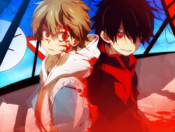  2boys amamiya_hibiya back-to-back black_hair blood blood_in_hair blood_on_clothes blood_on_face blue_shirt blue_sky brown_hair casual colored_eyelashes commentary_request crosswalk dark_persona day double-parted_bangs evil_smile expressionless hair_between_eyes hood hood_down hoodie kagerou_days_(vocaloid) kagerou_project long_bangs looking_at_viewer looking_to_the_side male_focus multiple_boys nuriko-kun outdoors parted_lips power_lines red_hoodie road road_sign shirt sideways_glance sign sketch sky sleeveless sleeveless_hoodie smile upper_body utility_pole 