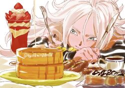  1girl 4gd0mitq5btc7c8 android_21 bare_shoulders blue_eyes colored_skin detached_sleeves doughnut dragon_ball dragon_ball_fighterz food food_focus glass highres holding holding_food holding_knife ice knife long_hair majin_android_21 pancake pink_skin simple_background sketch solo sweets twitter_username white_background white_hair 