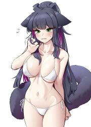 1girl absurdres animal_ears arknights bare_arms bare_shoulders bikini black_hair blush breasts cat_ears cat_tail collarbone commentary cowboy_shot crying crying_with_eyes_open green_eyes groin hand_up highres jessica_(arknights) k0ng large_breasts large_tail long_hair multicolored_hair navel purple_hair revision side-tie_bikini_bottom simple_background solo standing stomach swimsuit symbol-only_commentary tail tears thighs very_long_hair white_background white_bikini rating:Sensitive score:25 user:danbooru