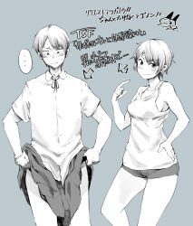  ... 1boy 1girl arrow_(symbol) before_and_after blue_background blush closed_mouth commentary_request crossdressing genderswap genderswap_(ftm) greyscale_with_colored_background hand_on_own_hip highres looking_at_viewer looking_down monochrome original polyurethane_(artist) short_hair short_shorts short_sleeves shorts skirt smile spoken_ellipsis tank_top white_tank_top 