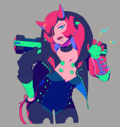 1girl apex_legends black_choker black_jacket blue_eyes bodysuit breasts choker claw_pose cleavage collarbone cropped_legs cyber_punked_wattson eyepatch fangs gloves hand_on_hip horns jacket leaning_forward leaning_to_the_side medium_breasts mizu_cx one_eye_covered open_hand open_mouth pink_gloves pink_hair prosthesis prosthetic_arm solo wattson_(apex_legends) 