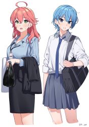  14_(vision5032) 2girls absurdres ahoge alternate_costume bag black_bag black_skirt blue_eyes blue_hair blue_necktie blue_shirt collared_shirt commentary d: double-parted_bangs ear_piercing earclip green_eyes grey_skirt hair_between_eyes highres holding holding_bag hololive hoshimachi_suisei id_card lanyard long_hair long_sleeves medium_hair messy_hair miniskirt multiple_girls necktie office_lady open_mouth parted_lips pencil_skirt piercing pink_hair plastic_bag pleated_skirt sakura_miko school_bag shirt shirt_tucked_in simple_background skirt sleeves_past_elbows sleeves_rolled_up small_sweatdrop socks standing teeth virtual_youtuber white_background white_bag white_shirt wolf_cut wristband 