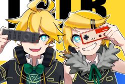  1boy 1girl ahoge anzu_(anz_le) aqua_eyes bass_clef blonde_hair blue_eyes bow bowtie brother_and_sister controller covering_one_eye fur_collar game_controller hair_ornament hairclip headphones headphones_around_neck highres kagamine_len kagamine_rin remote_control remote_control_(vocaloid) short_hair siblings smile twins vocaloid  rating:Sensitive score:2 user:danbooru