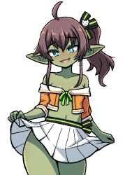  1girl ahoge alternate_species bare_shoulders breasts brown_hair colored_skin commentary contrapposto cropped_jacket fangs female_goblin goblin green_skin hashtag_only_commentary hololive ink_(inksgirls) jacket loli miniskirt natsuiro_matsuri natsuiro_matsuri_(1st_costume) navel off-shoulder_shirt off_shoulder open_mouth pleated_skirt pointy_ears shirt side_ponytail sidelocks skirt skirt_hold small_breasts smile solo virtual_youtuber white_skirt yellow_jacket  rating:Sensitive score:40 user:danbooru