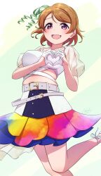  1girl brown_hair koizumi_hanayo looking_at_viewer love_live! multicolored_clothes multicolored_skirt open_mouth purple_eyes short_hair skirt smile solo yatoroku 
