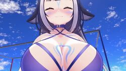  1girl 3d animal_ears animated animated_gif bikini black_hair blue_eyes blush bouncing_breasts breast_focus breasts cat_ears cat_girl cleavage collar collarbone dancing from_below indie_virtual_youtuber large_breasts markings orca orca_girl shylily sky smile solo swimsuit virtual_youtuber  rating:Questionable score:154 user:JustHere4Butts
