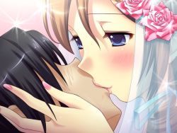  1boy 1girl bridal_veil flower game_cg hetero ibaraki_mariya kiss ribbon shojo_mama veil  rating:Sensitive score:14 user:emile