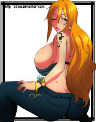 1girl ass bikini bikini_top_only bracelet breasts butt_crack denim earrings huge_breasts jeans jewelry legs long_hair nami_(one_piece) one_piece orange_hair pants sideboob swimsuit tattoo thighs wink withpride rating:Questionable score:56 user:rms141