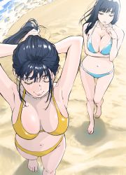  2girls absurdres arm_under_breasts armpits arms_up bare_legs barefoot beach bikini black_hair blue_bikini blunt_bangs breast_hold breasts candy cleavage closed_eyes commentary day eyelashes fisheye food foot_out_of_frame from_above full_body futago_ane_(kakitama) futago_imouto_(kakitama) halterneck highres huge_filesize kakitama large_breasts lips lollipop long_hair medium_hair mouth_hold multiple_girls navel ocean original outdoors ponytail shadow siblings sisters smile standing stomach straight_hair swimsuit twins tying_hair walking wind yellow_bikini 