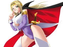  1girl blonde_hair breasts cape green_eyes long_hair solo sword tagme weapon  rating:Questionable score:3 user:no595
