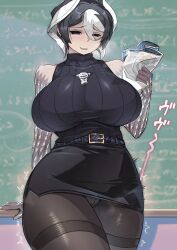  belt_buckle book buckle chalkboard embarrassed grey_hair highres jewelry made_in_abyss mikiji necklace orgasm ozen pantyhose pussy_juice sex_toy stealth_sex sweat sweater teacher vibrator vibrator_under_clothes wide_hips  rating:Questionable score:56 user:memeisbest