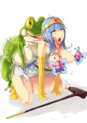  1girl afterimage all_fours anal antennae batterfly bestiality blue_hair blush bonsuke boots breast_sucking breasts chunsoft circlet creature doggystyle double_breast_sucking dragon_quest dragon_quest_iii elbow_gloves enix female_focus frog frogger_(dragon_quest) fucked_silly gloves group_sex inflation interspecies kneeling lactation large_breasts licking long_hair long_tongue monster open_mouth red_eyes rolling_eyes sage_(dq3) saliva sex sex_from_behind simple_background staff stomach_bulge sweat tiara tongue tongue_out torn_clothes torogao torso_grab trembling white_background 