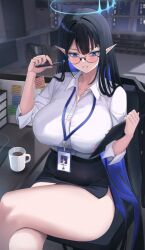  1girl ass black_hair black_skirt blue_archive blue_eyes blue_hair blue_halo blue_necktie blush breasts chair character_name coffee collared_shirt colored_inner_hair crossed_legs cup feet_out_of_frame giga-tera glasses halo highres holding holding_pen indoors large_breasts long_hair long_sleeves looking_at_viewer multicolored_hair necktie official_art_inset open_mouth pen pencil_skirt pointy_ears rin_(blue_archive) shirt sitting skirt solo sticky_note thighs white_shirt  rating:Sensitive score:23 user:danbooru