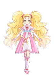  1girl blonde_hair blush bow brooch commentary_request detached_sleeves earrings forehead frilled_sleeves frills full_body futari_wa_precure futari_wa_precure_max_heart hair_bow hair_ornament heart heart_brooch heart_earrings heart_hair_ornament highres jewelry kujou_hikari leg_warmers long_hair magical_girl pink_bow pink_footwear pink_skirt precure ribbon shiny_luminous simple_background skirt smile solo standing straight-on sweatdrop tenjou_ryuka twintails wavy_mouth white_background yellow_eyes yellow_ribbon  rating:General score:7 user:secret64