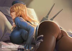 10s 1girl ass atago_(kancolle) bed_sheet beret black_gloves blonde_hair blush breasts brown_pantyhose covered_erect_nipples dantewontdie gloves green_eyes gun hat huge_breasts kantai_collection long_hair lying military military_uniform on_stomach open_mouth pantyhose pillow solo uniform weapon rating:Questionable score:72 user:danbooru