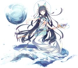  1girl bare_shoulders black_hair blue_eyes blunt_bangs breasts cleavage dress dungeon_anywhere full_body h2so4 hairband headgear long_hair outstretched_arm sidelocks solo staff transparent_background very_long_hair white_dress  rating:Sensitive score:10 user:danbooru