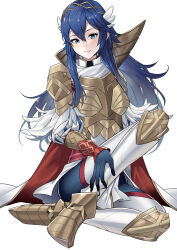  1girl ameno_(a_meno0) armor blue_eyes blue_gloves blue_hair breastplate cape closed_mouth commentary_request fire_emblem fire_emblem_awakening fire_emblem_heroes gloves gold_trim hair_between_eyes long_hair long_sleeves looking_at_viewer lucina_(brave_princess)_(fire_emblem) lucina_(brave_princess)_(resplendent)_(fire_emblem) lucina_(fire_emblem) nintendo official_alternate_costume pants pauldrons red_cape shoulder_armor simple_background single_pauldron sitting smile solo tiara two-tone_cape white_background white_cape wing_hair_ornament 