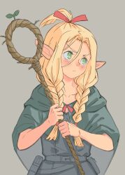  1girl blonde_hair blue_robe blush braid closed_mouth dungeon_meshi elf ephtracy green_eyes grey_background hashtag-only_commentary highres holding holding_staff looking_to_the_side marcille_donato nose_blush pointy_ears robe simple_background solo staff twin_braids upper_body v-shaped_eyebrows  rating:General score:3 user:danbooru