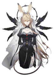  animal_ears arknights black_dress black_halo black_wings blonde_hair breasts cleavage commentary_request dorothy_(arknights) dorothy_(hand_of_destiny)_(arknights) dress hair_intakes halo highres juliet_sleeves large_breasts long_hair long_sleeves looking_at_viewer mixed-language_commentary mouse_ears mouse_girl mouse_tail puffy_sleeves simple_background tail toga_(toganawa) veil very_long_hair white_background white_veil wings yellow_eyes 
