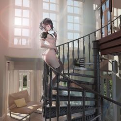  1girl absurdres ass cigarette eyepatch gloves highres maid maid_headdress nanaken_nana partially_undressed spiral_staircase stairs tagme thighhighs  rating:Explicit score:55 user:Xavine