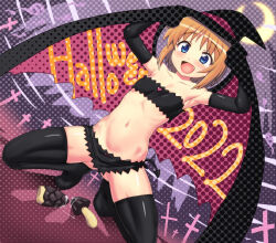  1girl 2022 :d armpits black_bra black_cloak black_gloves black_panties black_thighhighs blue_eyes blush bow bow_panties bra brown_hair cloak commentary_request crescent_moon dutch_angle elbow_gloves fang female_focus flat_chest full_body gloves gluteal_fold halloween hase_yu hat kneeling loli looking_at_viewer moon mushroom navel open_mouth panties polka_dot polka_dot_background short_hair smile solo stomach strapless strapless_bra suggestive_fluid suigetsu thighhighs tiptoes underwear underwear_only witch_hat yamato_suzuran 