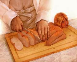  1boy 1girl ass bread butt_crack chef crumbs cuts cutting food highres injury knife lying mini_person minigirl muhamaru_yuni on_stomach open_mouth original sidelocks simple_background surreal uncensored what white_background  rating:Questionable score:69 user:Panem_et_circenses