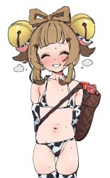  1girl animal_ears animal_print bad_id bad_twitter_id bare_shoulders bell brown_hair condom_box cow_ears cow_print dorontabi facing_viewer female_focus flat_chest genshin_impact grin groin hair_bell hair_ornament highres loli smile solo standing sweat thighhighs yaoyao_(genshin_impact)  rating:Questionable score:194 user:Magnum_Dong