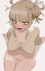  1girl abarabone blonde_hair blunt_bangs blush boku_no_hero_academia bottomless breasts cardigan cleavage collarbone double_bun fangs from_above hair_bun heavy_breathing highres large_breasts long_sleeves open_mouth pussy sitting smile solo sweat thigh_gap thighs toga_himiko uncensored white_background yellow_eyes 