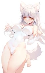  1girl absurdres animal_ears bare_shoulders barefoot blush breasts bridal_gauntlets closed_mouth covered_navel fox_ears fox_girl fox_tail hands_up highleg highleg_leotard highres large_breasts leotard lips long_hair looking_at_viewer original silver_hair simple_background solo strapless strapless_leotard tail thighs toes white_background white_leotard yellow_eyes zerocat  rating:Sensitive score:15 user:danbooru