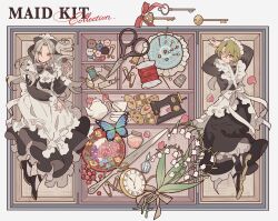  2boys apron bad_id bad_pixiv_id black_dress black_footwear box buttons checkerboard_cookie closed_mouth collared_dress cookie crossdressing cup dress ensemble_stars! flower food frilled_apron frills green_hair grey_hair hair_between_eyes highres in_box in_container key lily_of_the_valley long_hair long_sleeves looking_at_viewer lying maid maid_headdress male_focus male_maid meremero multiple_boys needle on_back on_stomach pincushion purple_eyes ran_nagisa red_eyes scissors sewing_needle shoes short_hair smile spool teacup teapot thread tomoe_hiyori waist_apron white_apron 