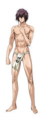 1boy abs barefoot blue_eyes brown_hair fundoshi japanese_clothes loincloth looking_at_viewer male_focus muscular q_azieru simple_background solo standing white_background rating:Questionable score:12 user:InnocentSuccubus