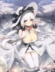 1girl afloat ahoge asicah azur_lane bare_shoulders black_panties blue_eyes blunt_bangs blush breasts cleavage closed_mouth cloud cloudy_sky collarbone crane_(machine) cross detached_collar dress elbow_gloves full_moon garter_straps gem gloves hat illustrious_(azur_lane) large_breasts light_particles long_hair looking_at_viewer low-tied_long_hair mole mole_under_eye moon night night_sky on_liquid orb outdoors panties pantyshot see-through silver_hair sitting skirt_hold sky smile solo star_(sky) starry_sky strapless strapless_dress sun_hat thighhighs tri_tails underwear upskirt very_long_hair wariza water white_dress white_hat zettai_ryouiki rating:Questionable score:14 user:danbooru