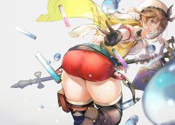 1girl :d ass atelier_(series) atelier_ryza atelier_ryza_1 breasts brown_eyes brown_gloves brown_hair evers from_behind gloves grey_background hair_ornament hairclip hat highres holding holding_staff large_breasts looking_at_viewer looking_back open_mouth red_shorts reisalin_stout short_hair short_shorts shorts simple_background single_glove smile solo staff test_tube thighhighs thighs v white_hat white_thighhighs rating:Sensitive score:12 user:danbooru
