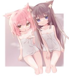 2girls :&lt; animal_ear_fluff animal_ears bare_shoulders blue_eyes breasts brown_hair cat_ears cat_girl ear-to-ear ears_touching female_focus hand_on_own_chest highres loli long_hair looking_at_viewer multiple_girls naked_towel original pink_hair shiroma_renri short_hair sitting small_breasts thigh_gap thighs towel  rating:Questionable score:47 user:danbooru