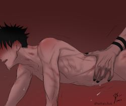  2boys absurdres anal arm_tattoo black_hair black_nails blush bruise collarbone completely_nude doggystyle full-face_blush fushiguro_megumi hickey highres implied_sex injury jujutsu_kaisen male_focus male_penetrated moaning multiple_boys nail_polish nude open_mouth ryoumen_sukuna_(jujutsu_kaisen) sarbanchok sex sex_from_behind short_hair spiked_hair stomach tattoo waist_grab yaoi  rating:Questionable score:17 user:Sukugumi1