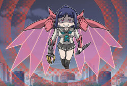 1girl airborne alternate_eye_color blue_hair breasts building chibi cityscape claws cloud cloudy_sky code_geass commentary_request company_connection cosplay dagger energy_wings evil_eyes evil_grin evil_smile floating full_body grin guren_(code_geass) guren_(code_geass)_(cosplay) guren_s.e.i.t.e.n._eight_elements high_ponytail highres holding holding_dagger holding_knife holding_weapon knife long_hair looking_at_viewer love_live! love_live!_sunshine!! masedamokei matsuura_kanan mecha_musume mechanical_arms medium_breasts night night_sky ponytail reverse_grip school_uniform sidelocks single_mechanical_arm sky smile sunrise_(company) uranohoshi_school_uniform waves weapon