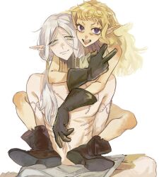  1boy 1girl :p arm_tattoo arms_around_neck bags_under_eyes blonde_hair carrying chest_tattoo dungeon_meshi elf fleki gloves gorget green_eyes grey_hair hair_around_ear hair_tubes hug hug_from_behind leg_lock long_hair low_twintails lycion notched_ear piggyback pointy_ears purple_eyes sleeveless tattoo tongue tongue_out topless_male tunic twintails u18231795 v 