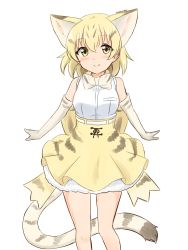  1girl absurdres animal_ear_fluff animal_ears back_bow blonde_hair bow bowtie cat_ears cat_girl cat_tail commentary elbow_gloves extra_ears gloves hair_between_eyes high-waist_skirt highres kemono_friends looking_at_viewer petticoat print_skirt sand_cat_(kemono_friends) sand_cat_print shiraha_maru shirt short_hair simple_background skirt sleeveless sleeveless_shirt smile solo tail twitter_username white_background white_shirt yellow_eyes yellow_skirt  rating:General score:1 user:danbooru