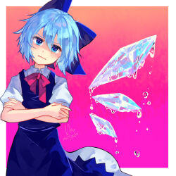  1girl artist_name blue_bow blue_dress blue_eyes blue_hair border bow bowtie cirno collared_shirt commentary_request crossed_arms detached_wings dress dripping glaring gradient_background hair_between_eyes head_tilt ice ice_wings looking_at_viewer outside_border pinafore_dress puffy_short_sleeves puffy_sleeves red_bow red_bowtie shaded_face shirt short_hair short_sleeves sleeveless sleeveless_dress solo touhou ukumituki upper_body white_border white_shirt wings 