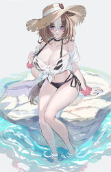  1girl absurdres arm_support bare_legs bikini bikini_under_clothes black_bikini black_choker blush breasts brown_hair choker cleavage collarbone echj grey_background hat highres large_breasts looking_at_viewer meisho_doto_(umamusume) multicolored_hair nail_polish navel no_pants off-shoulder_shirt off_shoulder parted_lips purple_hair scrunchie see-through see-through_shirt shirt side-tie_bikini_bottom simple_background sitting solo straw_hat streaked_hair swimsuit thighs tied_shirt umamusume water wrist_scrunchie  rating:Sensitive score:13 user:buster2222