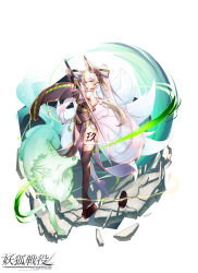  1girl absurdres animal animal_ears black_thighhighs blonde_hair breasts bridal_gauntlets detached_sleeves fox fox_ears fox_girl fox_tail green_eyes highres holding holding_sword holding_weapon japanese_clothes katana kitsune kyuubi long_hair looking_at_viewer medium_breasts milo1205 multiple_tails original rin_(milo1205) solo sword tail thighhighs very_long_hair weapon white_background white_tail 