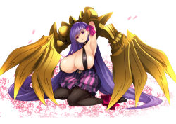  1girl :o absurdres armpits arms_behind_head arms_up belt_collar black_pantyhose breasts cherry_blossoms claws cleavage collar fate/extra fate/extra_ccc fate_(series) floral_background full_body gauntlets gigantic_breasts highres long_hair looking_at_viewer o-ring o-ring_top open_mouth pantyhose passionlip_(fate) pink_eyes pink_ribbon puffy_shorts purple_hair purple_pantyhose revealing_clothes ribbon shorts simple_background sitting solo striped_clothes striped_shorts tsukamori_shuuji very_long_hair weapon white_background 