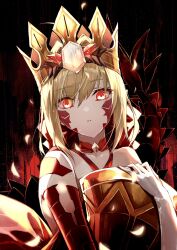  1girl ahoge bikini blonde_hair braid breasts chalice collarbone criss-cross_halter crown cup dragon_tail elbow_gloves facial_mark fate/grand_order fate_(series) french_braid gloves gold_crown hair_bun hair_intakes hair_ribbon halterneck highres kino_kokko long_hair looking_at_viewer nero_claudius_(fate) nero_claudius_(fate)_(all) pointed_crown pointy_ears queen_draco_(fate) queen_draco_(second_ascension)_(fate) red_bikini red_eyes red_ribbon revision ribbon scales single_glove small_breasts solo swimsuit tail white_gloves 
