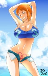  1girl armpits arms_behind_head arms_up breasts brown_eyes cleavage cloud eyebrows female_focus heart heart_tattoo huge_breasts large_breasts nami_(one_piece) one_piece open_fly orange_eyes orange_hair pubic_tattoo short_hair solo stomach sunahara_wataru tagme tattoo teeth thighs  rating:Questionable score:84 user:jtenmib