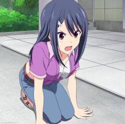  1girl aho_girl belt black_hair breasts brick brick_floor brick_wall brown_eyes bush chain-link_fence denim fence fuuki_iinchou_(aho_girl) grass highres long_hair medium_breasts open_mouth outdoors pants pavement sandals screencap shirt solo squatting stitched stone_wall sweatdrop third-party_edit tile_floor tile_wall tiles wall  rating:General score:8 user:Chairekakia