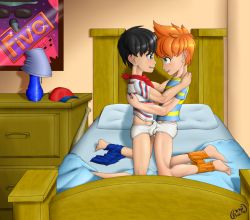  2boys bandana baseball_bat baseball_cap bed bedroom black_hair blue_eyes briefs claus_(mother_3) clothed_erection frottage full_body green_eyes hat highres hugging_each_other inset kneeling lamp looking_at_another male_focus male_underwear mother_(game) mother_3 multiple_boys nightstand ninten nintendo orange_hair pants pants_around_one_leg poster_(object) shirt shorts shota striped_clothes striped_shirt through_clothes underwear unworn_pants white_male_underwear yaoi 