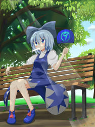 circled_9 1girl bench blue_eyes blue_footwear blue_hair blue_sky blush bow cirno cloud cloudy_sky day dress dress_shirt eating hand_fan food food_in_mouth frown hair_bow highres hot ice_cream knees_together_feet_apart leaf light light_particles light_rays matching_hair/eyes mouth_hold no_wings on_bench outdoors paper_fan park park_bench pigeon-toed popsicle puffy_short_sleeves puffy_sleeves ribbon rurikitsune shirt footwear_ribbon shoes short_hair short_sleeves sitting sky solo summer sweat touhou tree uchiwa white_shirt rating:Sensitive score:1 user:danbooru