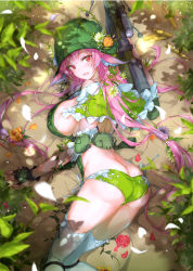 1girl absurdres ammunition animal_ears ass breasts bullet bullet_casing butt_crack capelet elbow_pads fingerless_gloves flower gloves gun helmet highres holding holding_weapon knee_pads large_breasts long_hair looking_at_viewer looking_back lying combat_helmet on_stomach open_mouth original panties petals pink_hair pulp_piroshi red_eyes rifle rifle_cartridge scan scope side-tie_panties sideboob simple_background smile solo thighhighs thighs underwear weapon white_thighhighs 